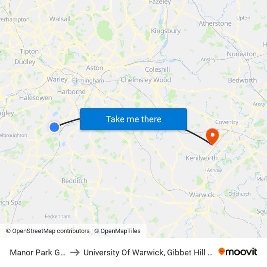 Manor Park Grove to University Of Warwick, Gibbet Hill Campus map