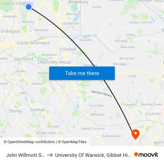 John Willmott School to University Of Warwick, Gibbet Hill Campus map