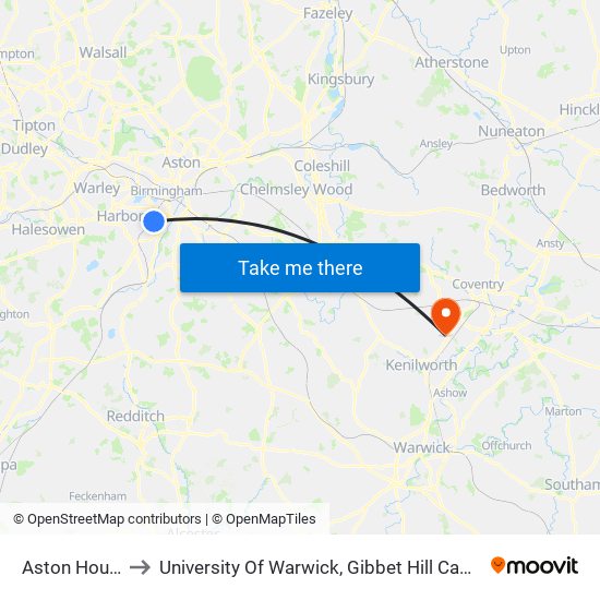 Aston House to University Of Warwick, Gibbet Hill Campus map