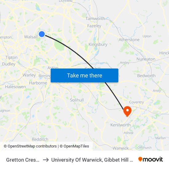 Gretton Crescent to University Of Warwick, Gibbet Hill Campus map