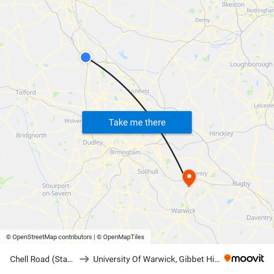 Chell Road (Stand B4) to University Of Warwick, Gibbet Hill Campus map