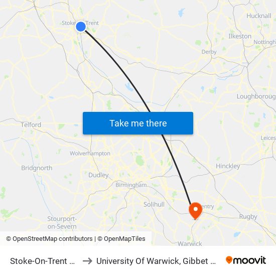 Stoke-On-Trent College to University Of Warwick, Gibbet Hill Campus map