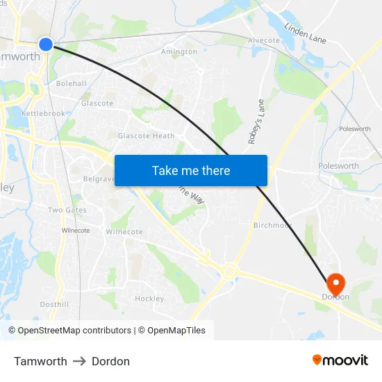 Tamworth to Dordon map