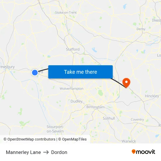 Mannerley Lane to Dordon map