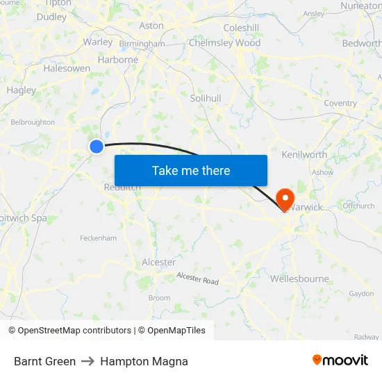 Barnt Green to Hampton Magna map