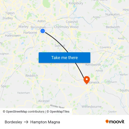 Bordesley to Hampton Magna map