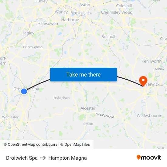 Droitwich Spa to Hampton Magna map