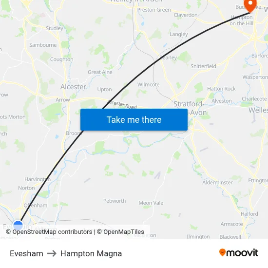 Evesham to Hampton Magna map