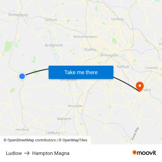 Ludlow to Hampton Magna map
