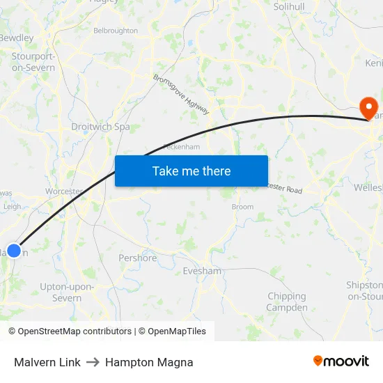 Malvern Link to Hampton Magna map