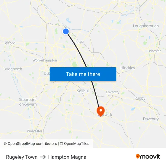 Rugeley Town to Hampton Magna map