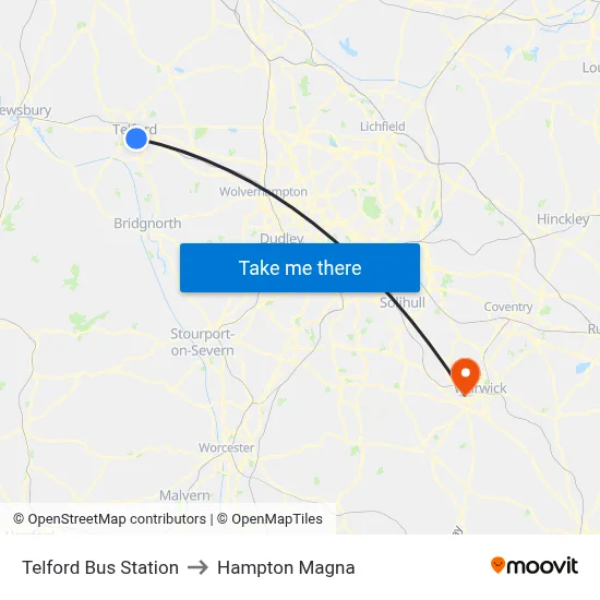 Telford Bus Station to Hampton Magna map