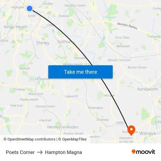 Poets Corner to Hampton Magna map