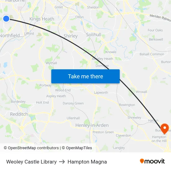 Weoley Castle Library to Hampton Magna map