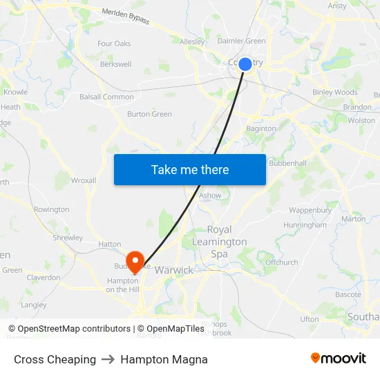 Cross Cheaping to Hampton Magna map