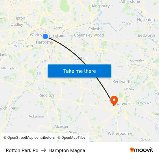 Rotton Park Rd to Hampton Magna map