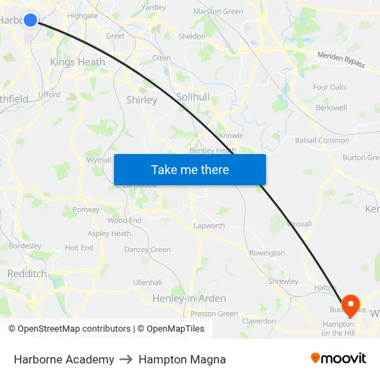 Harborne Academy to Hampton Magna map
