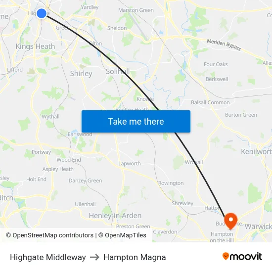 Highgate Middleway to Hampton Magna map