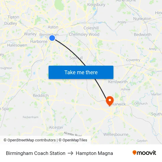 Birmingham Coach Station to Hampton Magna map