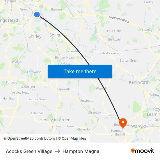Acocks Green Village to Hampton Magna map