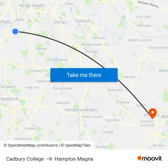Cadbury College to Hampton Magna map