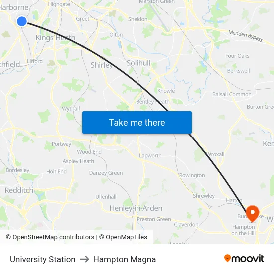 University Station to Hampton Magna map