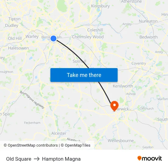 Old Square to Hampton Magna map