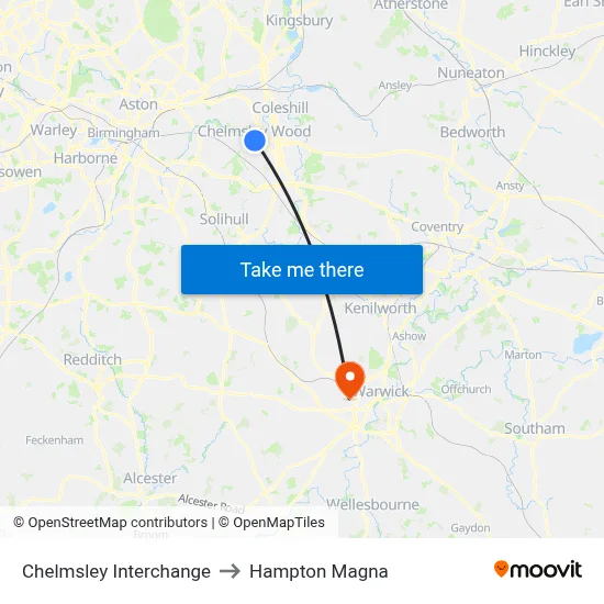 Chelmsley Interchange to Hampton Magna map