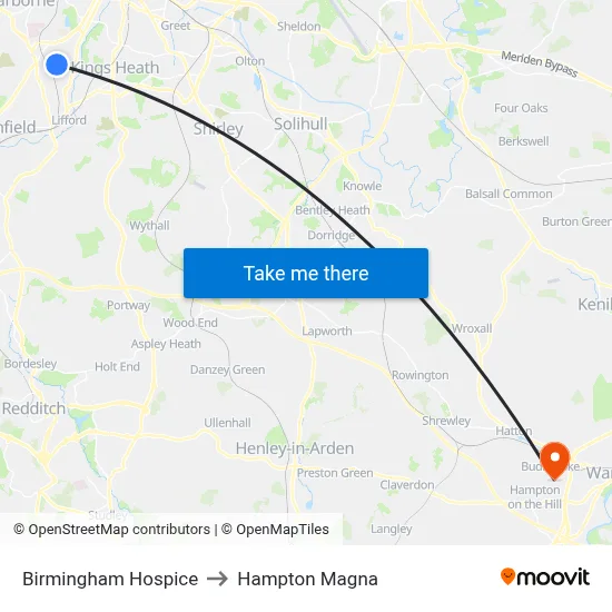 Birmingham Hospice to Hampton Magna map