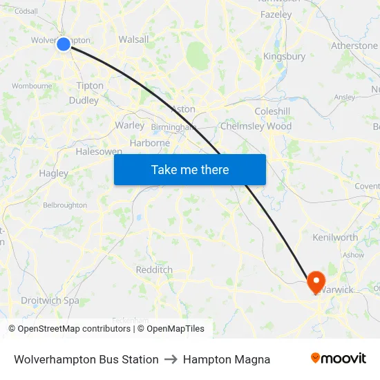 Wolverhampton Bus Station to Hampton Magna map