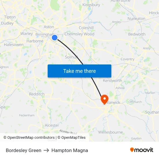 Bordesley Green to Hampton Magna map