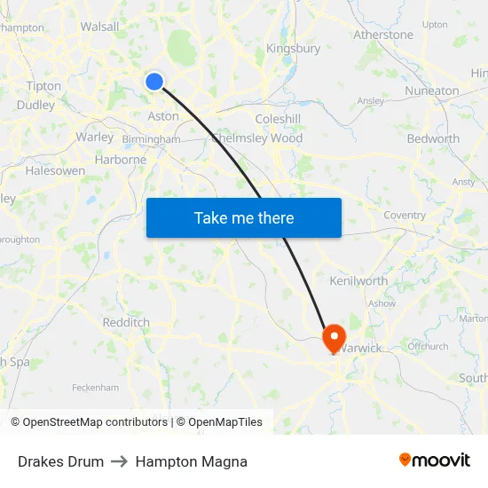 Drakes Drum to Hampton Magna map