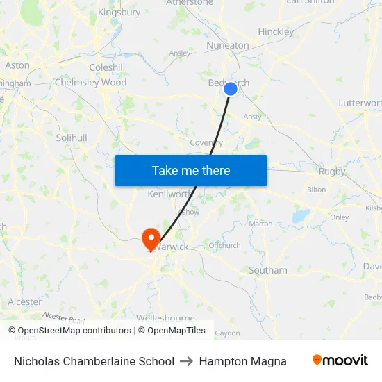 Nicholas Chamberlaine School to Hampton Magna map