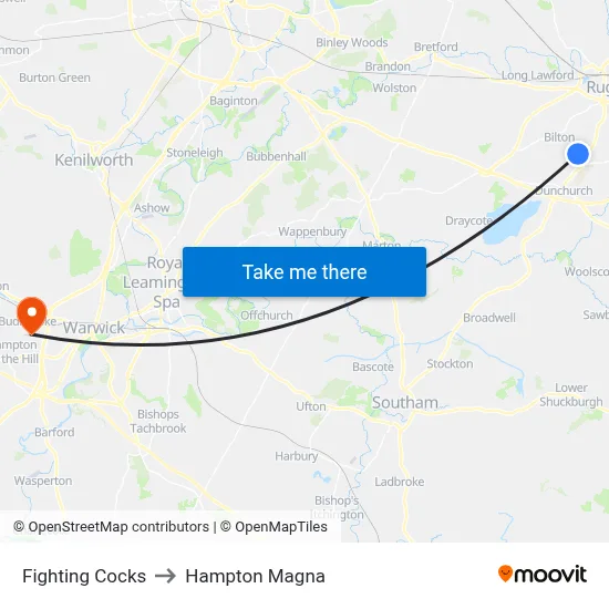 Fighting Cocks to Hampton Magna map