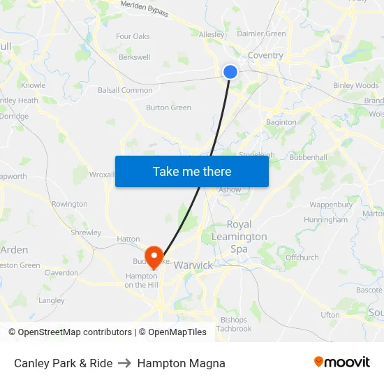 Canley Park & Ride to Hampton Magna map