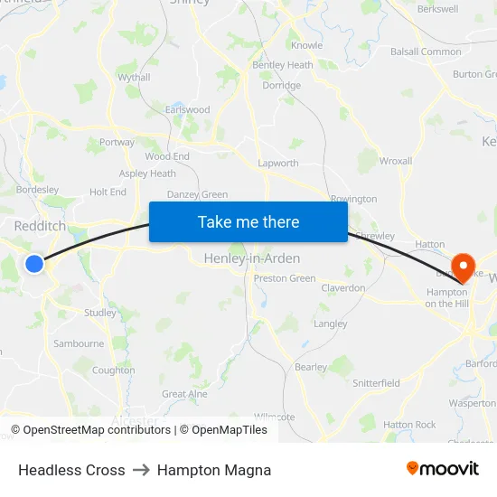 Headless Cross to Hampton Magna map