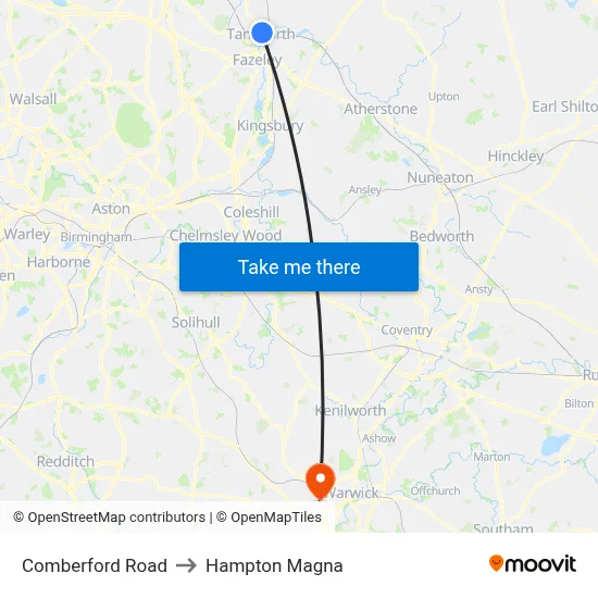 Comberford Road to Hampton Magna map