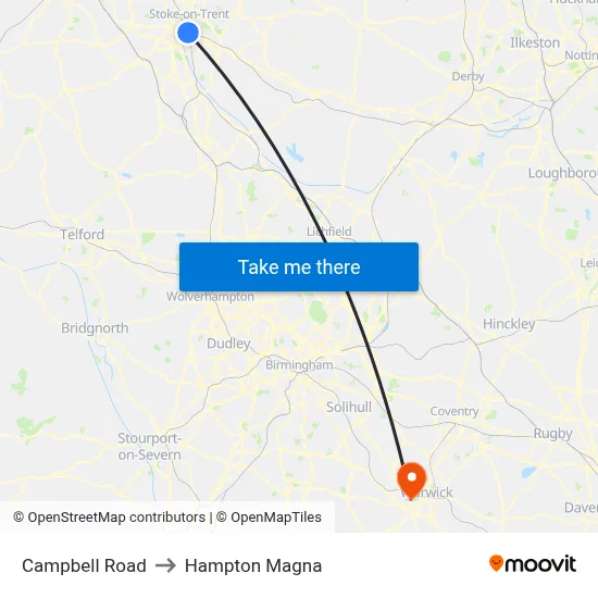 Campbell Road to Hampton Magna map