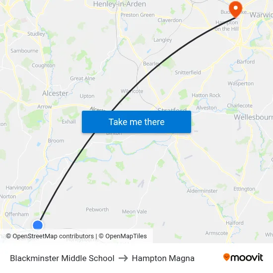 Blackminster Middle School to Hampton Magna map