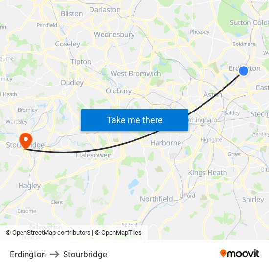 Erdington to Stourbridge map