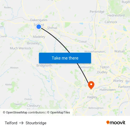 Telford to Stourbridge map