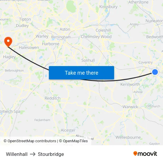 Willenhall to Stourbridge map