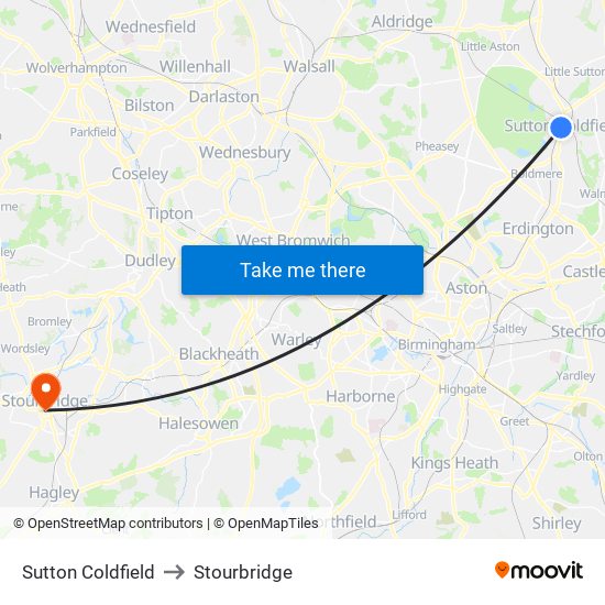 Sutton Coldfield to Stourbridge map