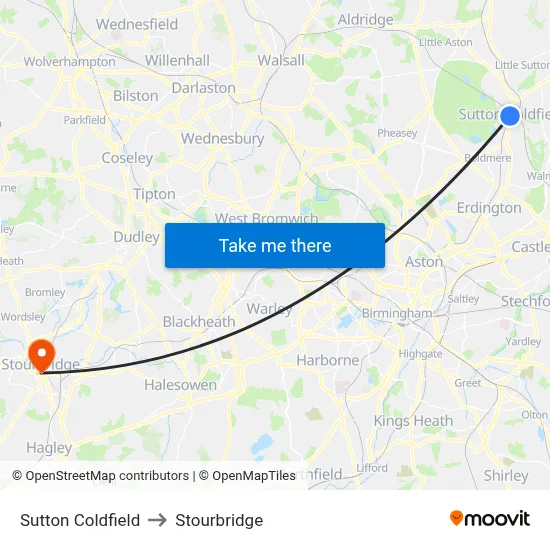 Sutton Coldfield to Stourbridge map