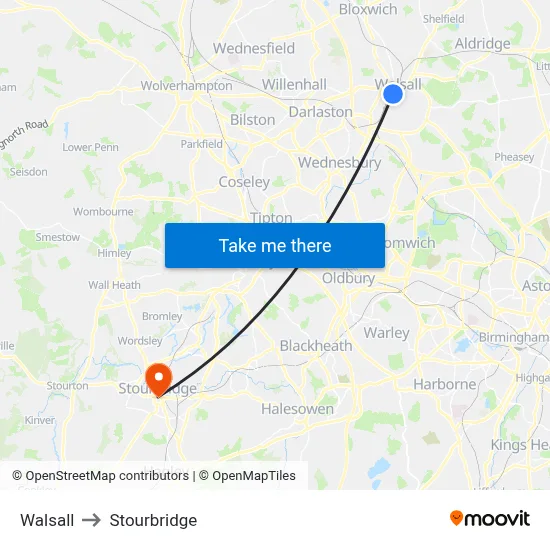 Walsall to Stourbridge map