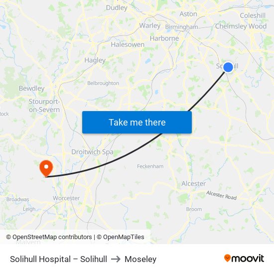 Solihull Hospital – Solihull to Moseley map
