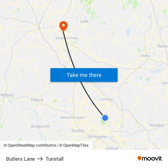 Butlers Lane to Tunstall map