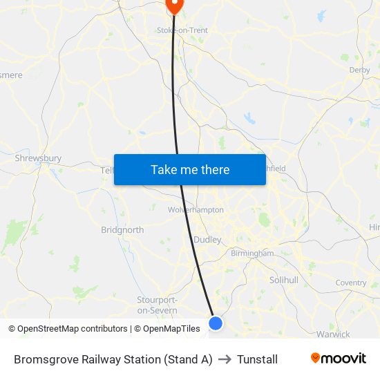 Bromsgrove Railway Station (Stand A) to Tunstall map