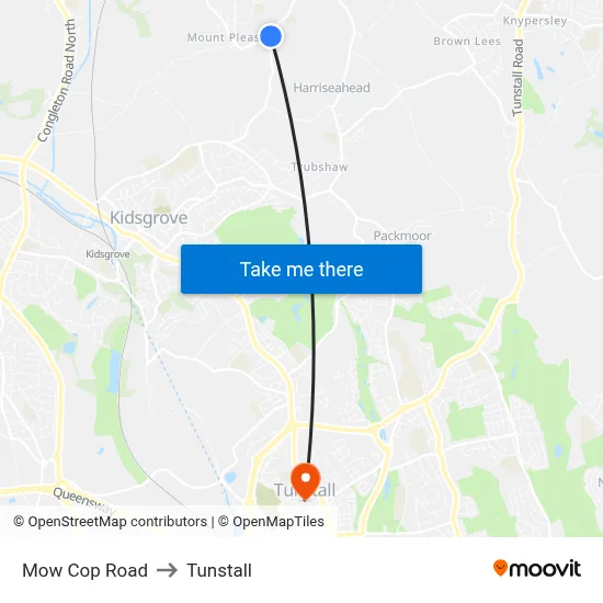 Mow Cop Road to Tunstall map