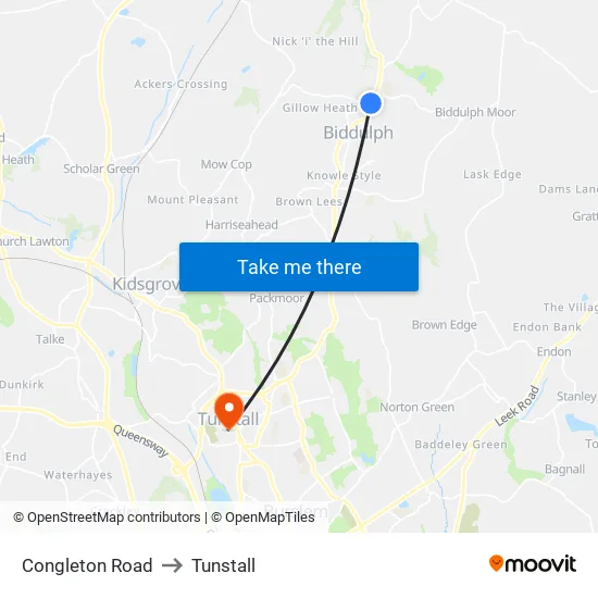Congleton Road to Tunstall map